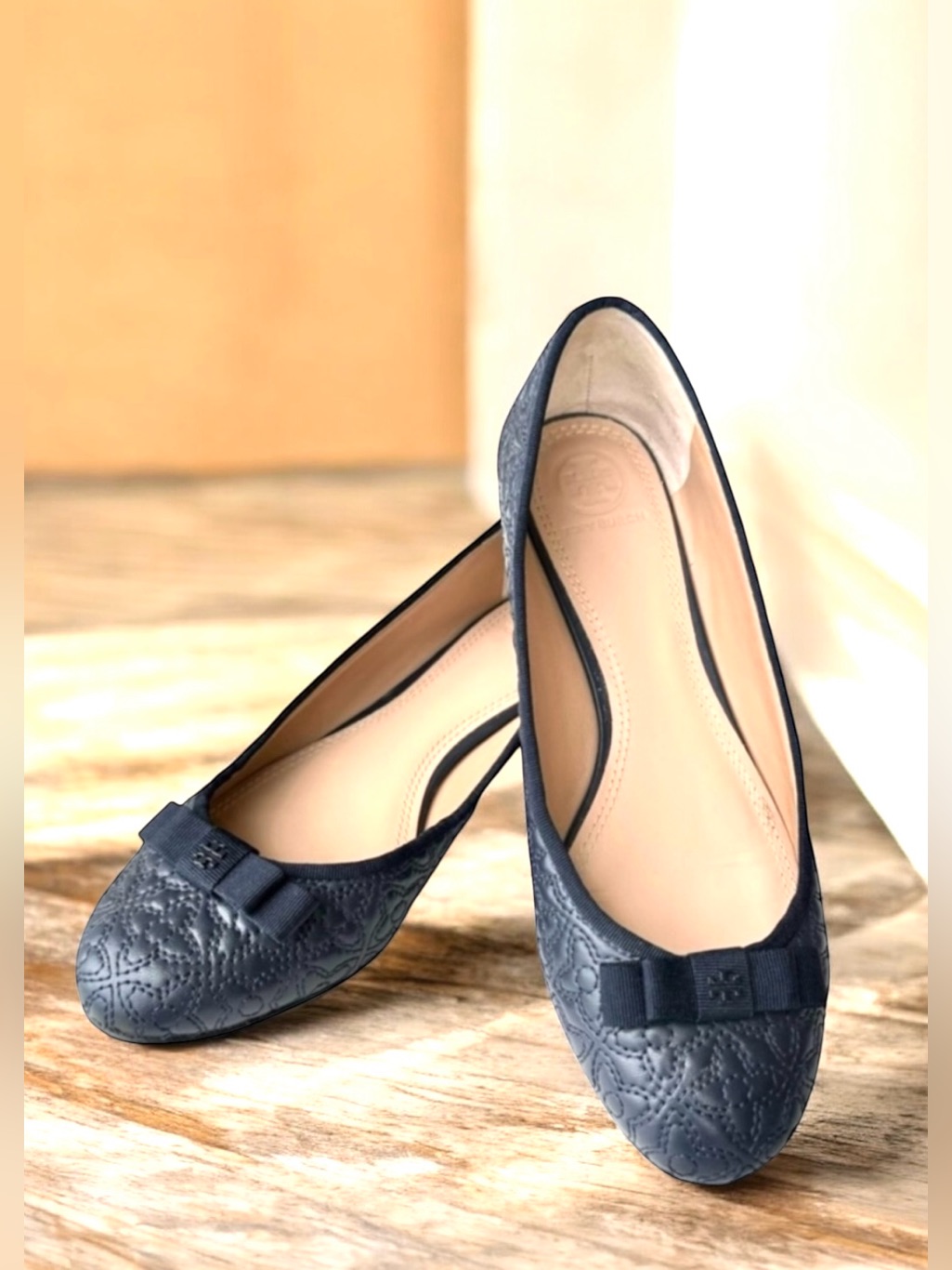 Tory Burch Marion Quilted Navy Blue Flats Leather Bow Detail